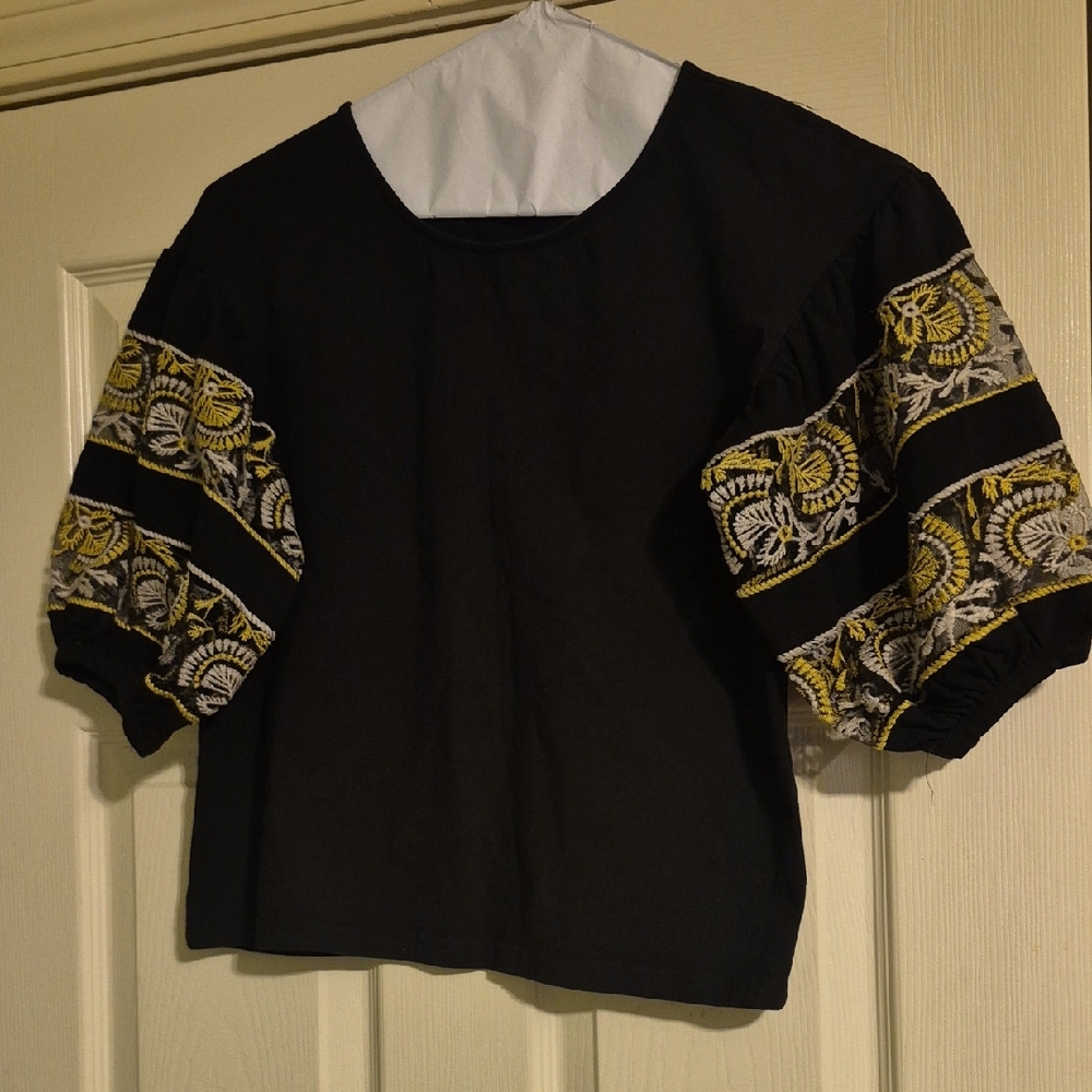 Black Top with Embroidered Sleeves